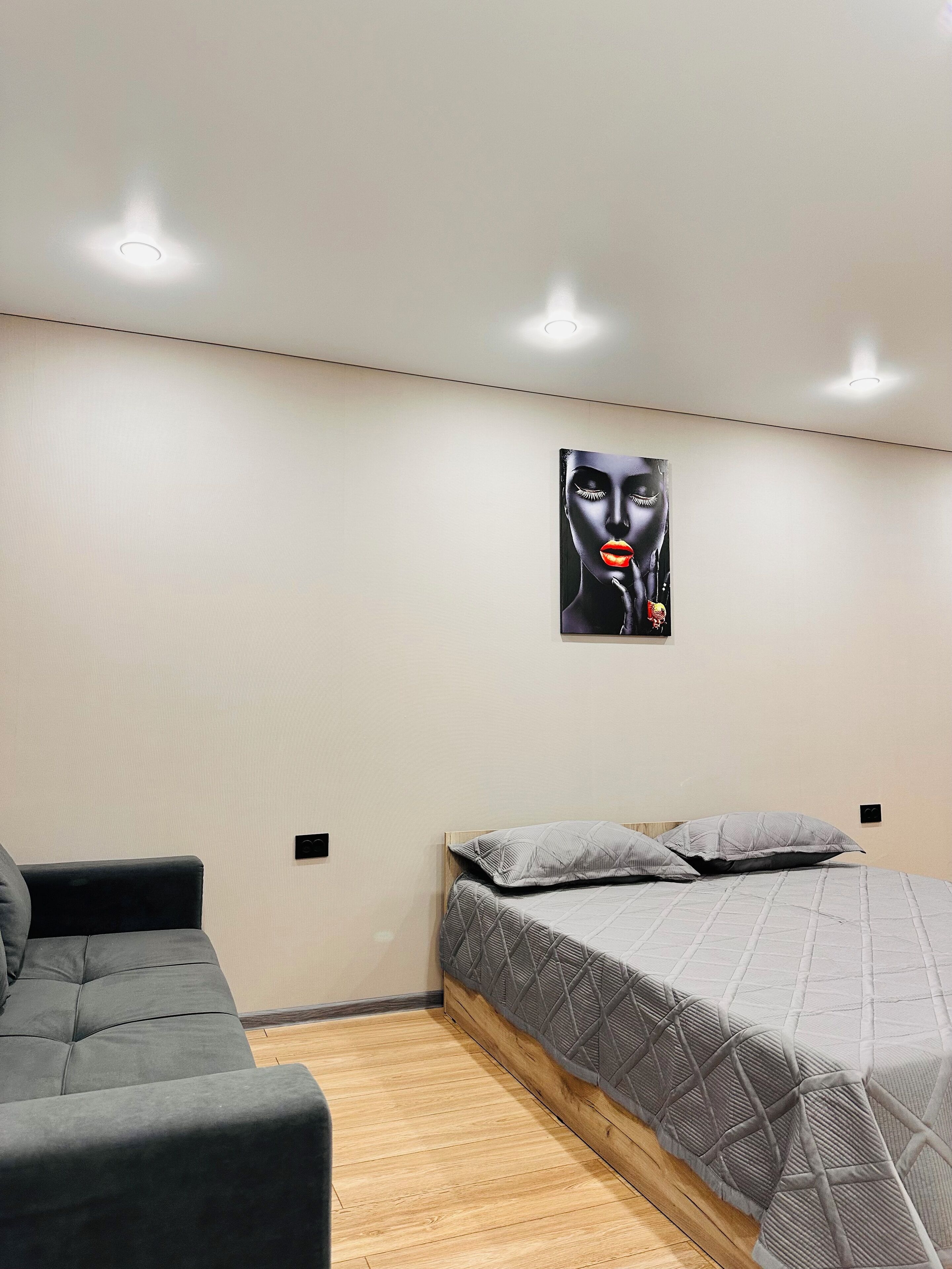 A bedroom with a bed, a sofa, and a wall-mounted artwork.
