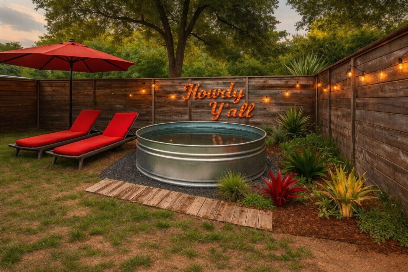 A backyard with a hot tub, two red lounge chairs, an umbrella, and a wooden fence with string lights.