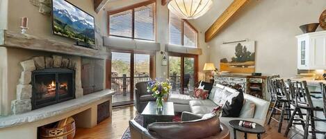 Una televisión, una chimenea, un reproductor de DVD, libros