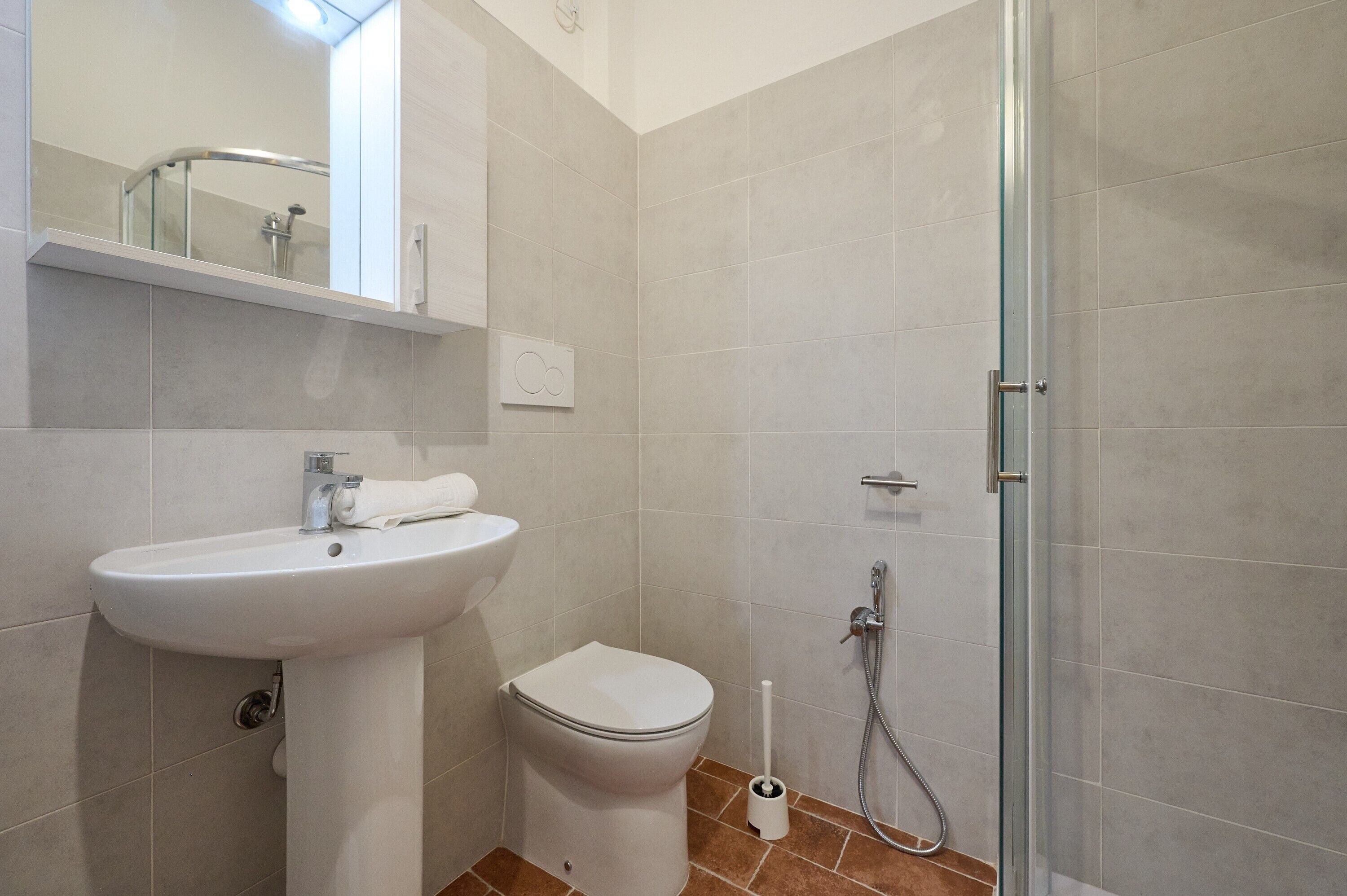 A bathroom with a sink, toilet, shower, and a mirror above the sink.