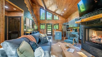 TV, fireplace, books, offices