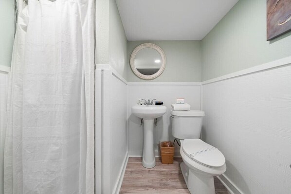 A small bathroom with a white sink, toilet, and a mirror above the sink.
