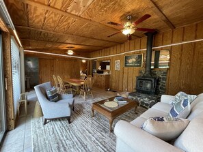 Smart TV, fireplace, books, video library