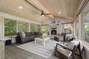 Smart TV, fireplace, books
