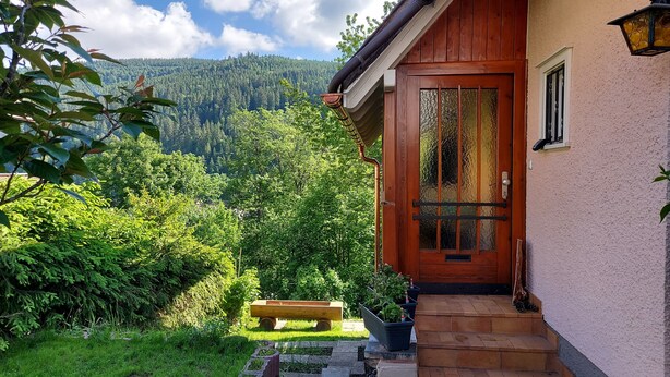 A wooden house with a glass door, a bench, and a garden leading to a forested hill.