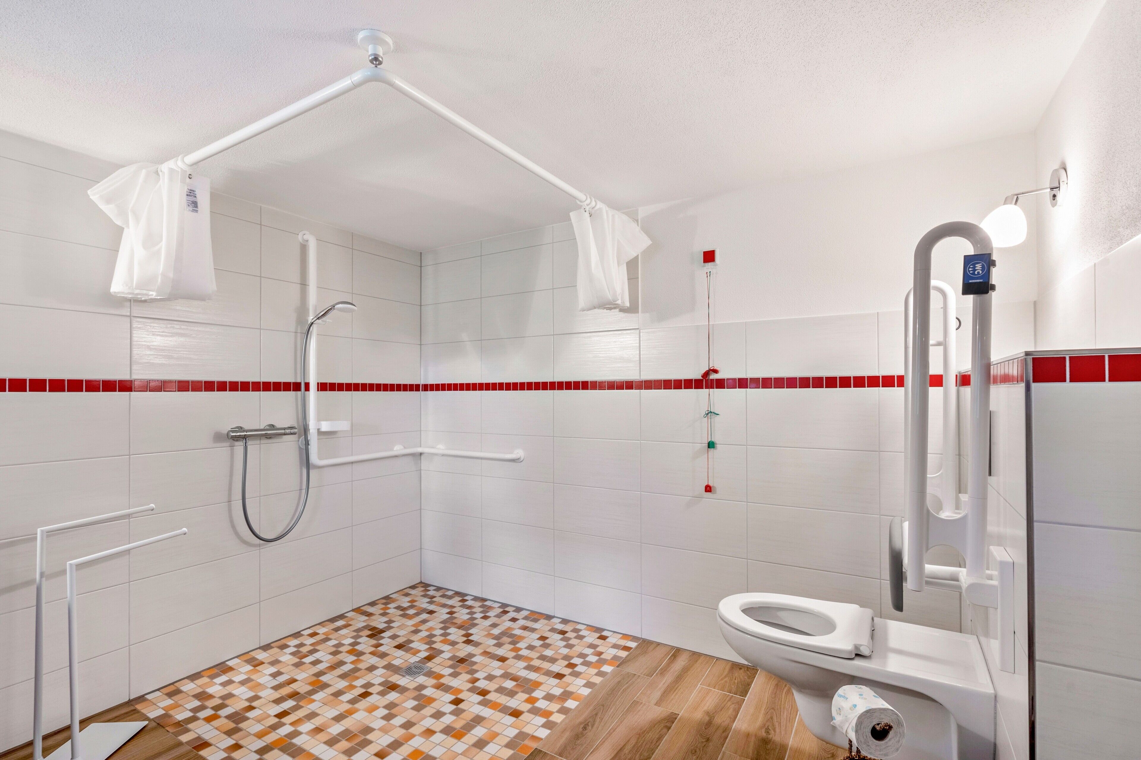A modern bathroom with a shower, toilet, and handrails.