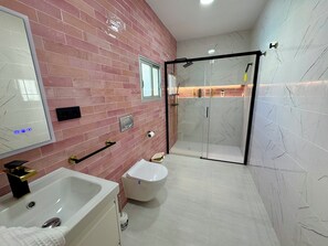 Shower, hair dryer, towels, soap