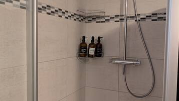 Shower, free toiletries, hair dryer, towels