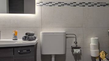 Un bagno moderno con un water, un lavandino e uno specchio.