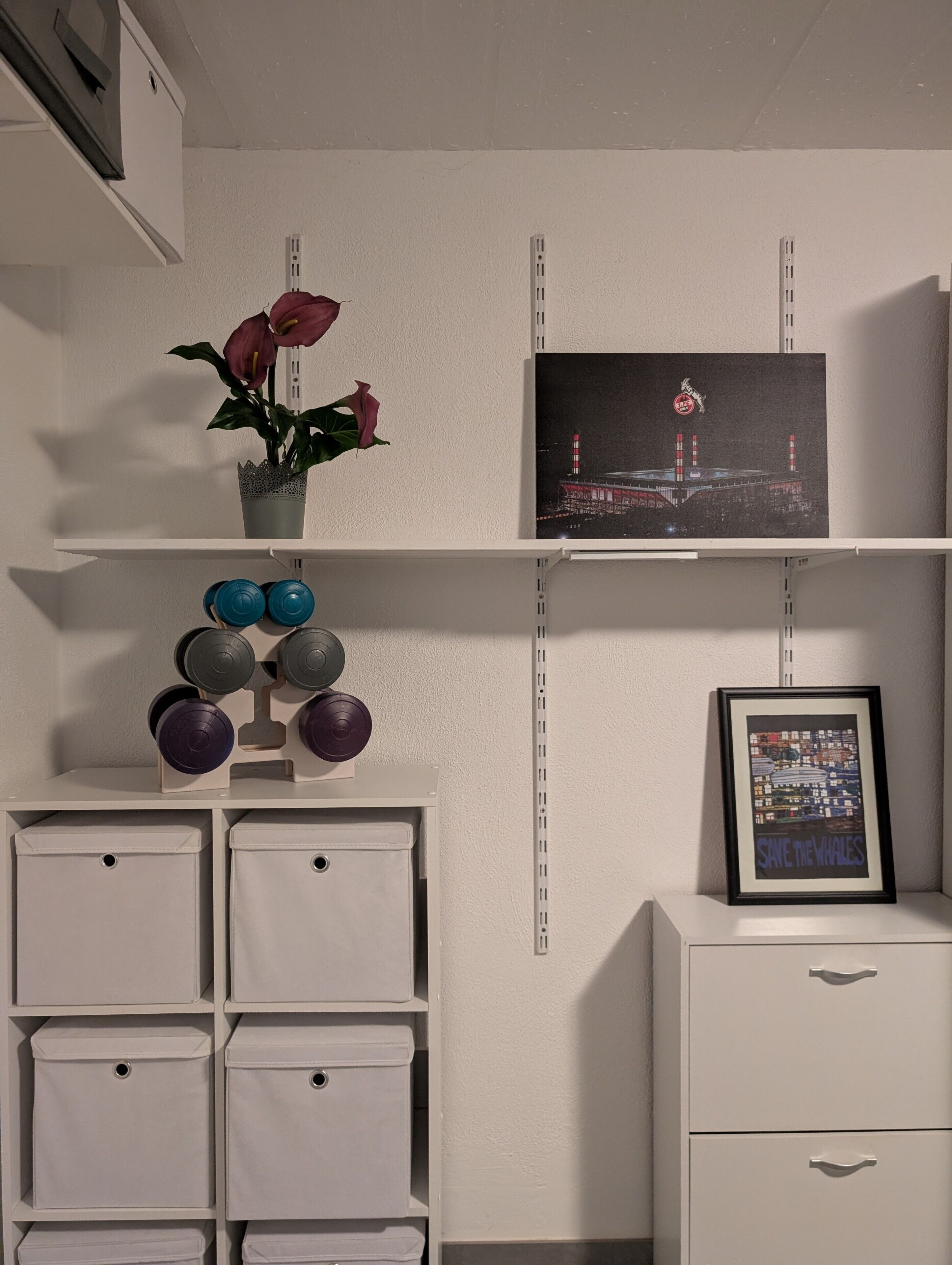 A room with white storage units, a shelf with a framed picture, and a vase with flowers.
