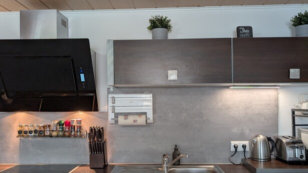 A modern kitchen with a built-in oven, dishwasher, and a stainless steel sink. - Apartment 'An Der Quell' with Private Terrace, Private Garden and Wi-Fi (Blankenheim)