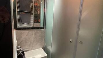 A bathroom with a glass-enclosed shower, a sink, and a mirror.