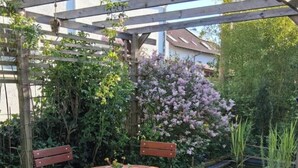 Eine Holz-Pergola mit einem runden Tisch und Bänken, umgeben von verschiedenen Pflanzen und Blumen.