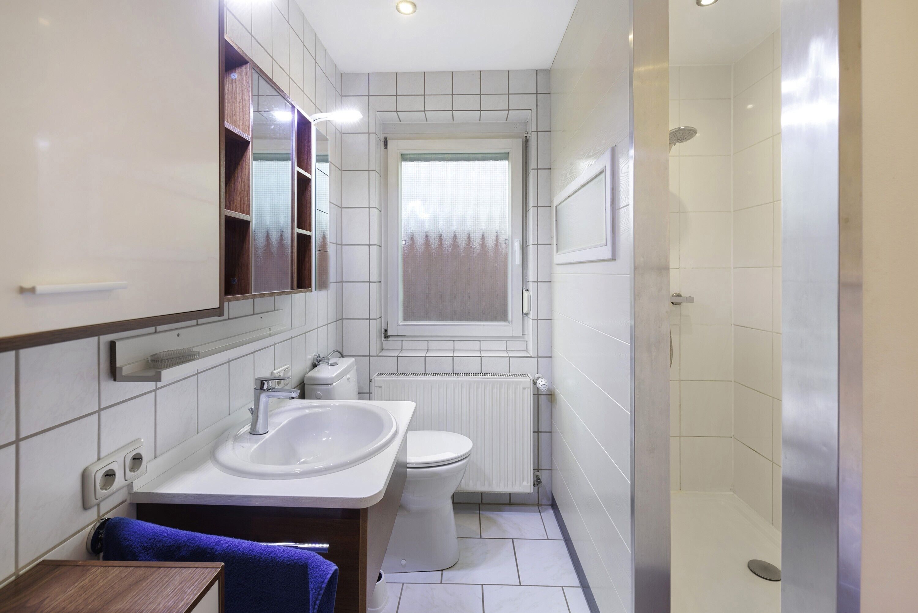 Chuveiro, secador de cabelo, toalhas de banho 