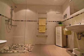 A bathroom with a glass-enclosed shower, a towel rack, a sink, and a toilet. - Apartment 'Rossblick, 60qm' with Mountain View, Shared Garden and Wi-Fi (Seelbach)