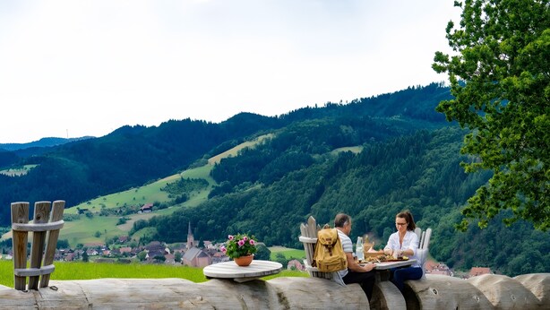 Two people sitting on a wooden log bench overlooking a village and hills. - Apartment 'Schöner' with Balcony and Wi-Fi (Oberharmersbach)