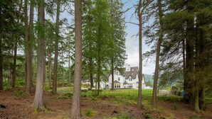 A large house surrounded by a forested area with tall trees and a grassy lawn.