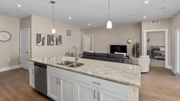 A modern kitchen with granite countertops, white cabinetry, and a built-in dishwasher. - Modern 16BR 16BA Condos w Garage and Patio (Wyoming)