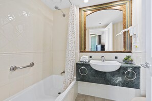 Hair dryer, towels, soap, shampoo