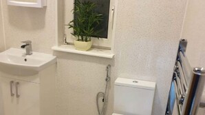 A small bathroom with a toilet, sink, and a window with a potted plant.