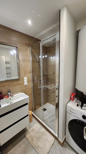 Dusche, Haartrockner, Seife, Toilettenpapier