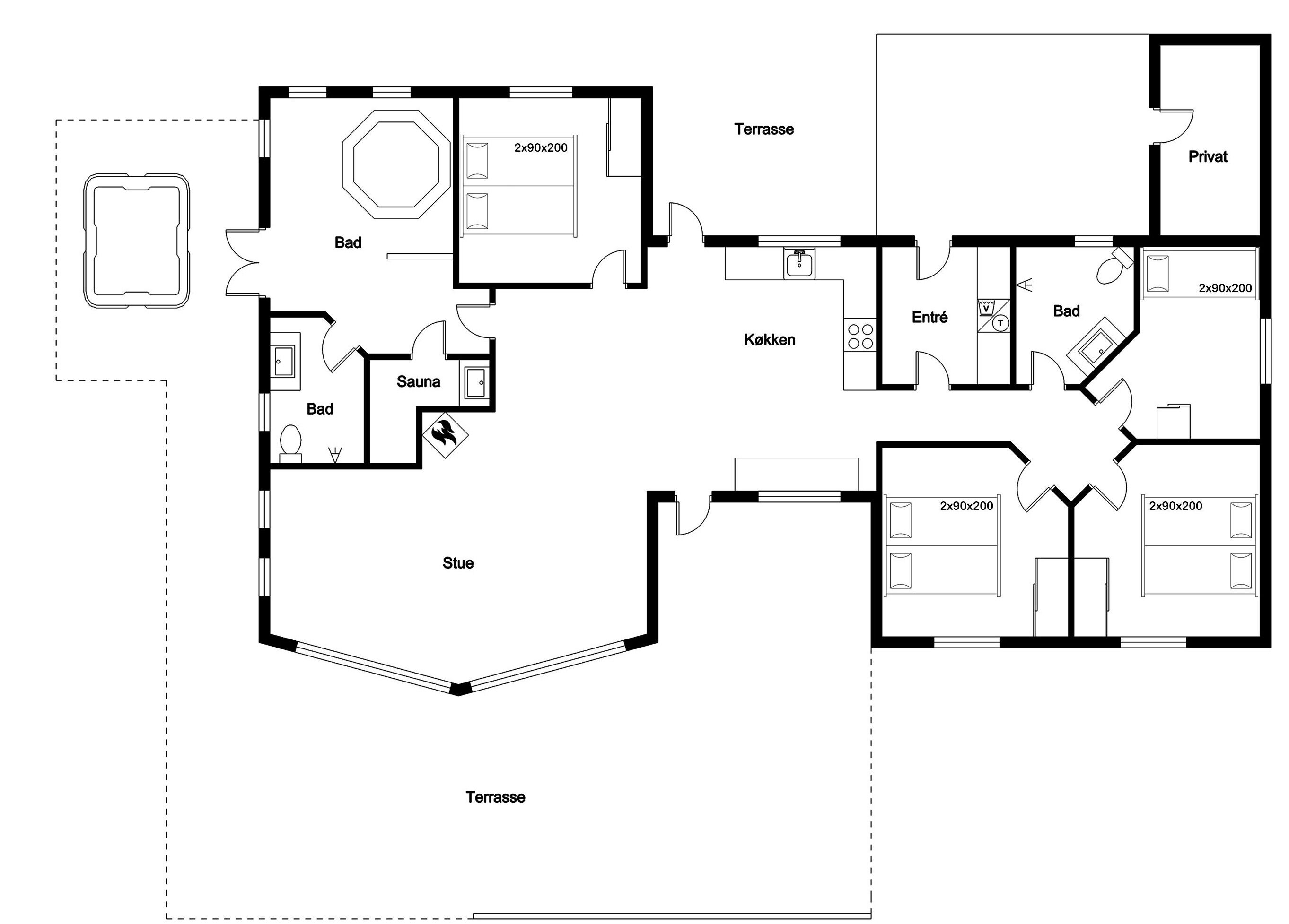 Pianta degli interni di un hotel con terrazza, camere private, cucina, bagno e sauna.