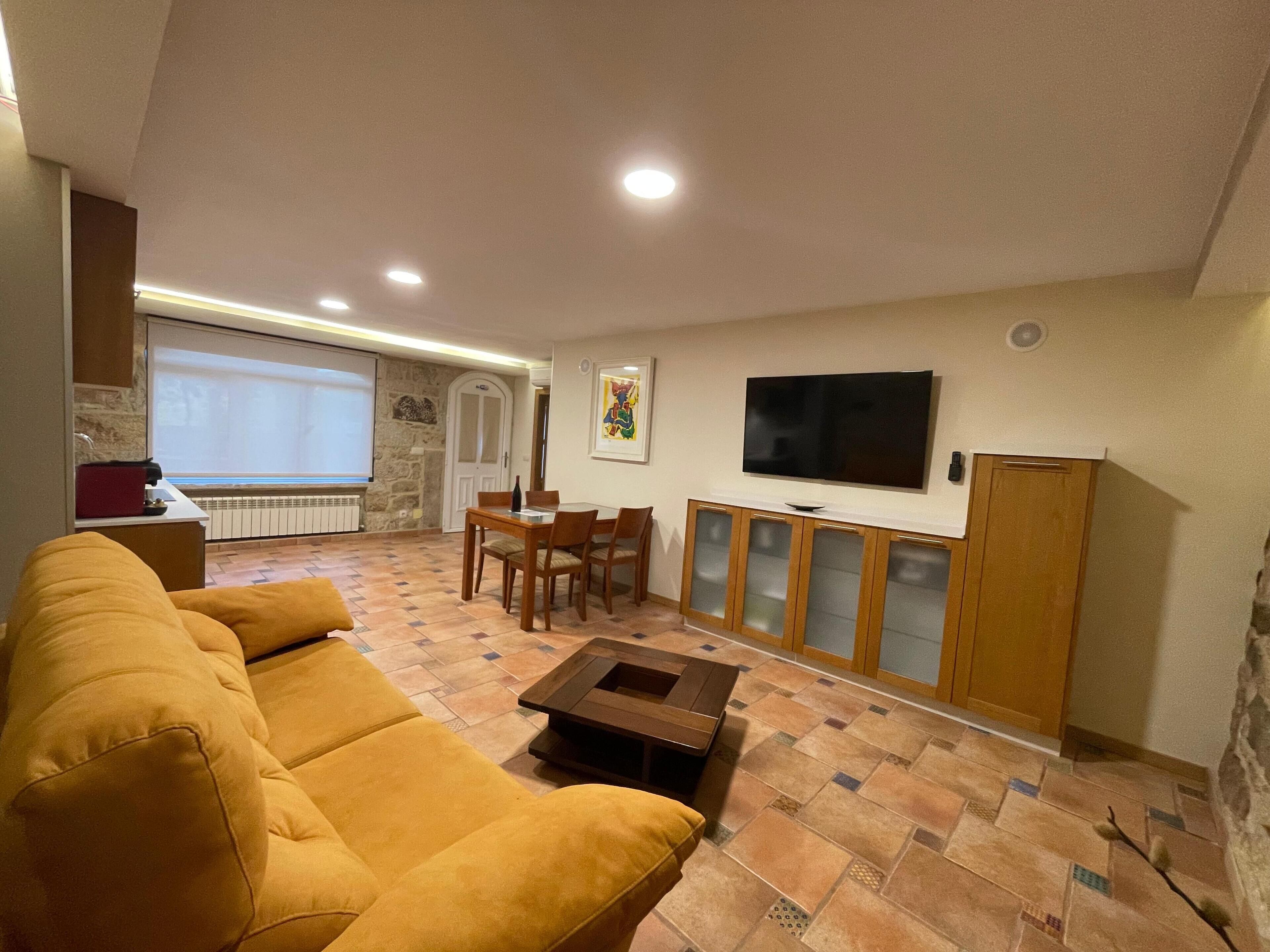 A living room with a sofa, a coffee table, a TV, and a dining area with chairs and a table.