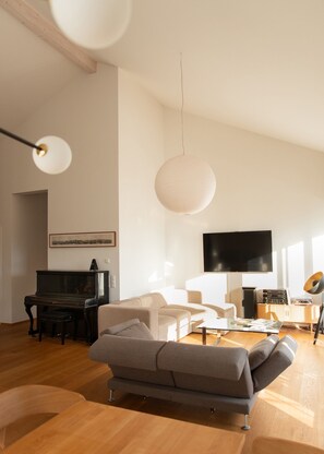 TV, DVD player, livros, biblioteca musical