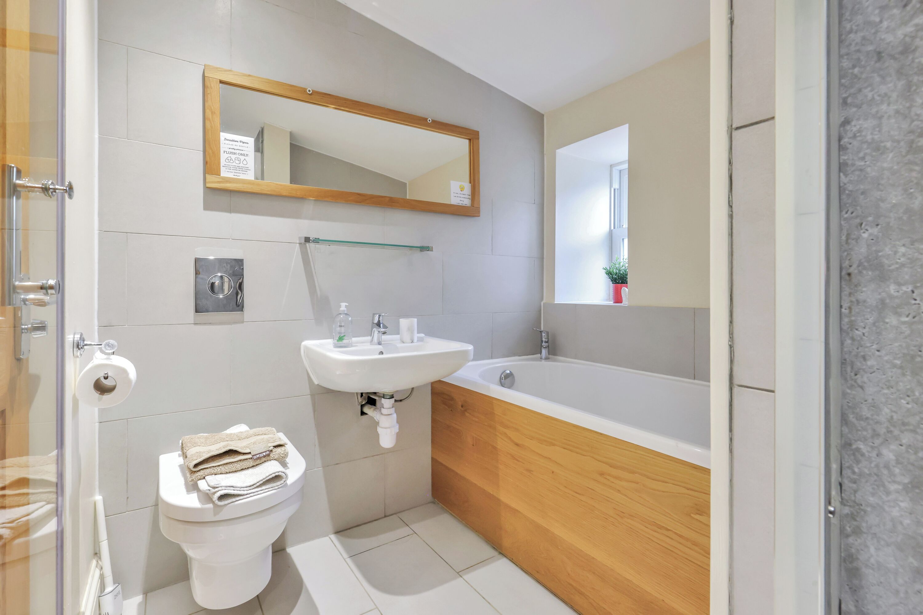 Hair dryer, towels, soap, toilet paper