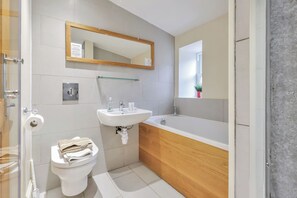 Hair dryer, towels, soap, toilet paper