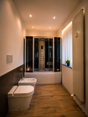 Dusche, umweltfreundliche Kosmetikartikel, Haartrockner, Bidet