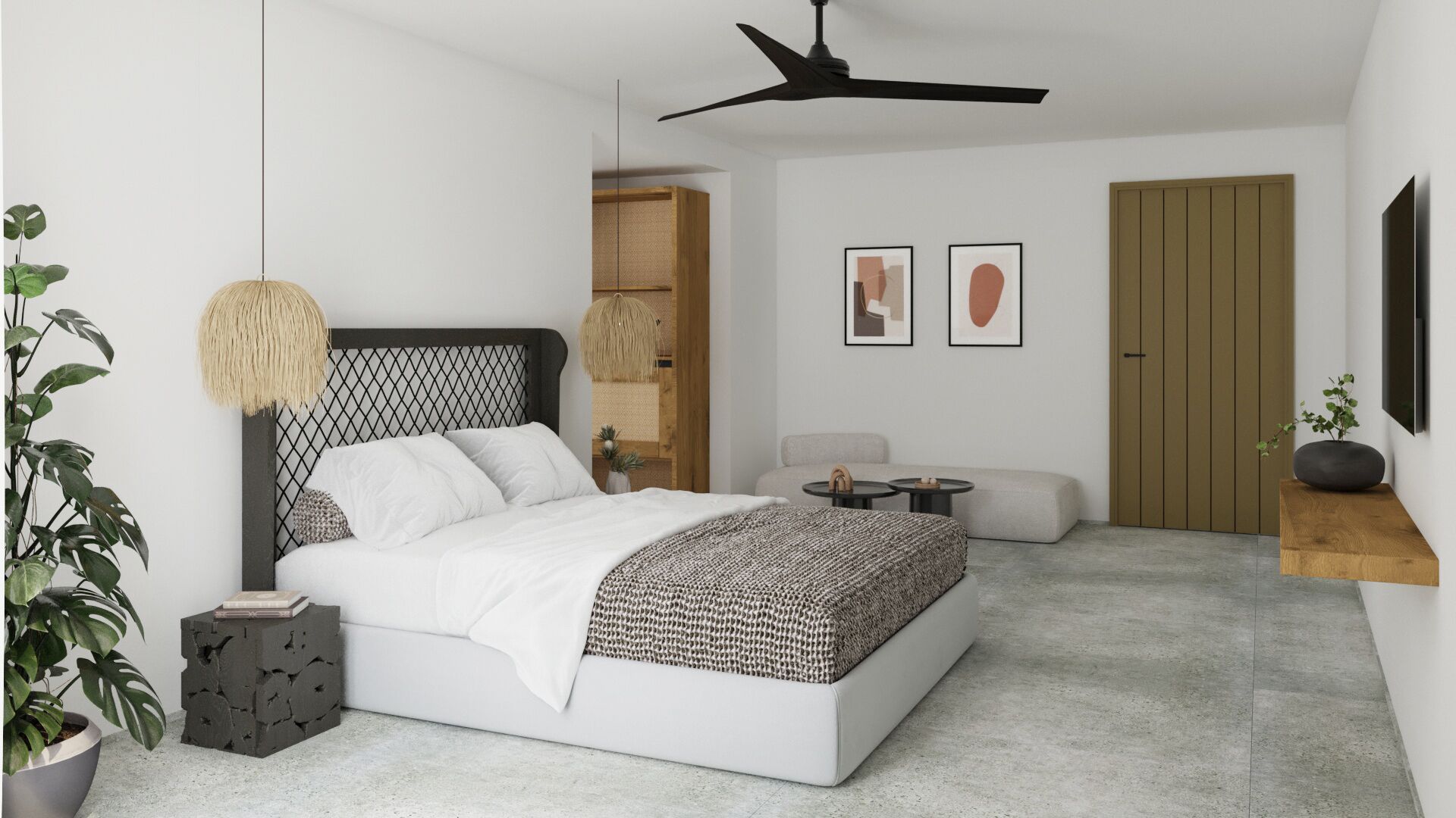 A modern bedroom with a bed, bedside tables, a ceiling fan, a sofa, a small table, and a TV.