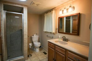 Ein Badezimmer mit Duschkabine, Toilette, Waschbecken mit Spiegel und Handtuchhalter.