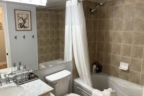 A bathroom with a shower, toilet, and sink. There is a towel rack, a mirror, and a framed picture on the wall. - Premium 2BR Extended Stay Near YYZ Free Parking Included (Toronto)