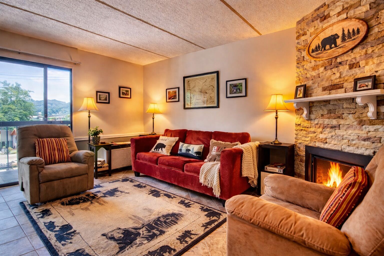 TV, fireplace