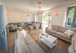 TV, fireplace, table football