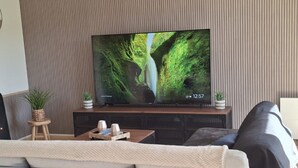 Een moderne woonkamer met een flatscreen televisie op een houten standaard, een bank, een bijzettafeltje met decoratieve items en een potplant.