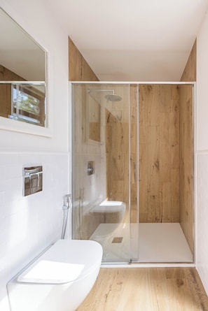 Dusche, Haartrockner, Handtücher, Toilettenpapier