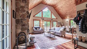 TV connectée, cheminée, livres