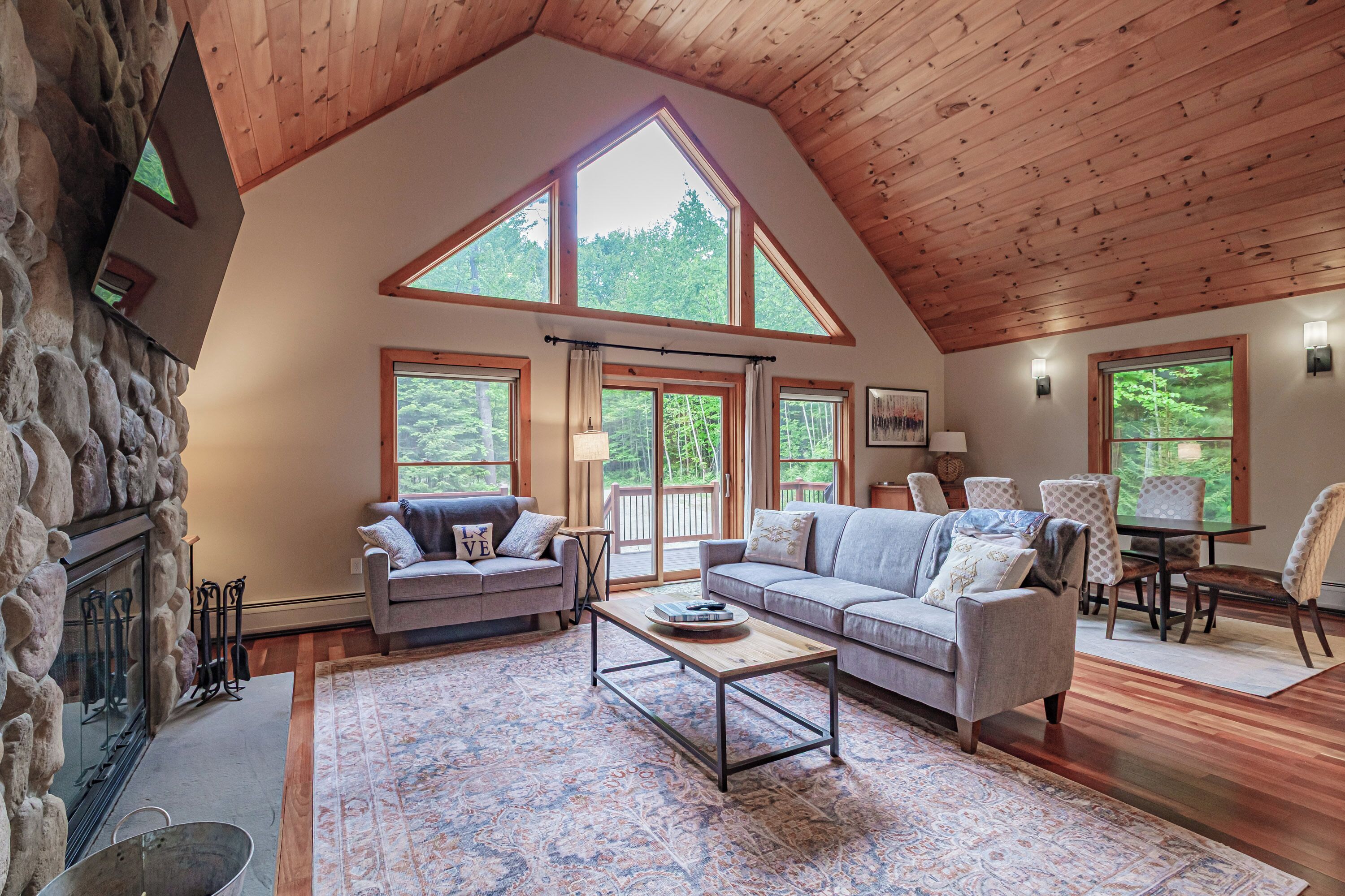 TV connectée, cheminée, livres