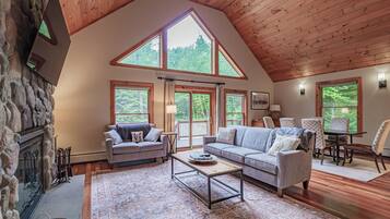 TV connectée, cheminée, livres