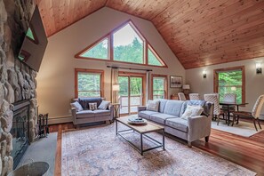 TV connectée, cheminée, livres