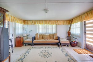 A living room with a sofa, a television, a rug, and a window with curtains.
