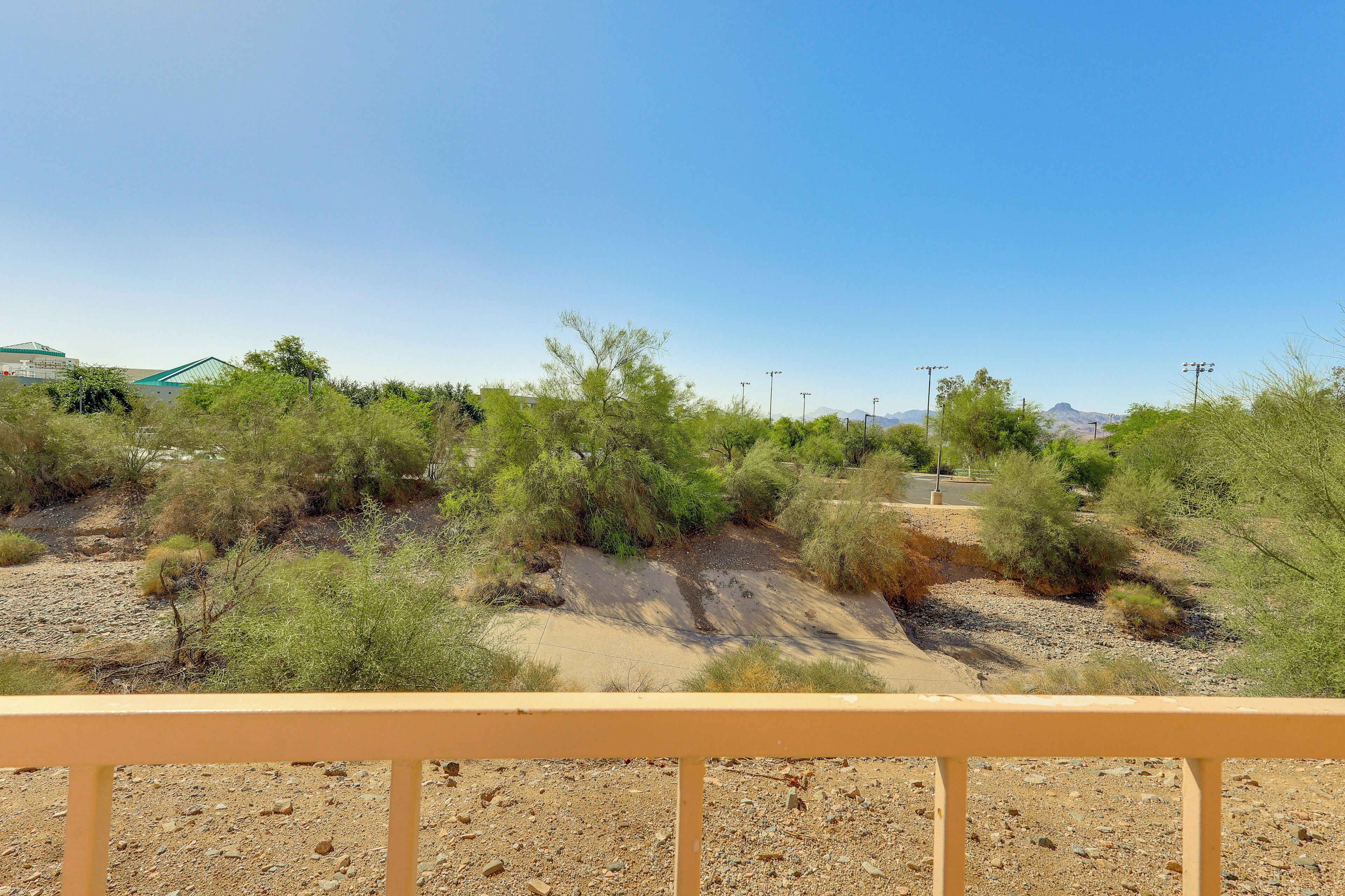 A desert landscape with sparse vegetation, a dirt road, and distant mountains.