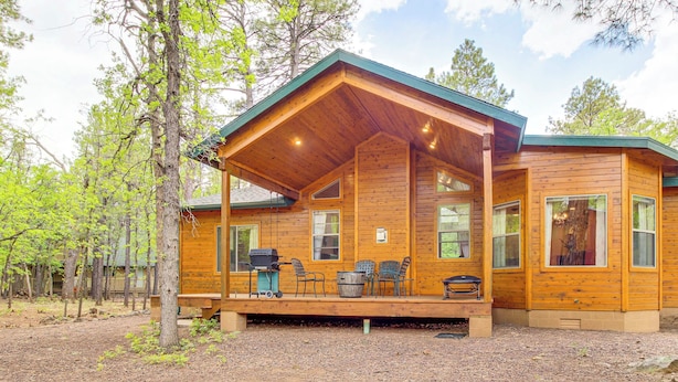 Eine Holzhütte mit überdachter Veranda, Sitzgelegenheiten im Freien und einem Grill.