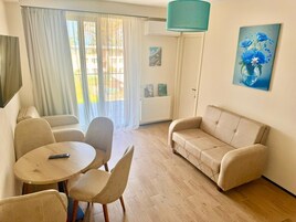 经典公寓, 1 张双人床和 1 张沙发床, 海滩景观 | 起居区