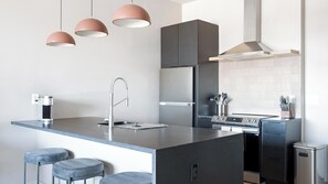 Fridge, dining tables