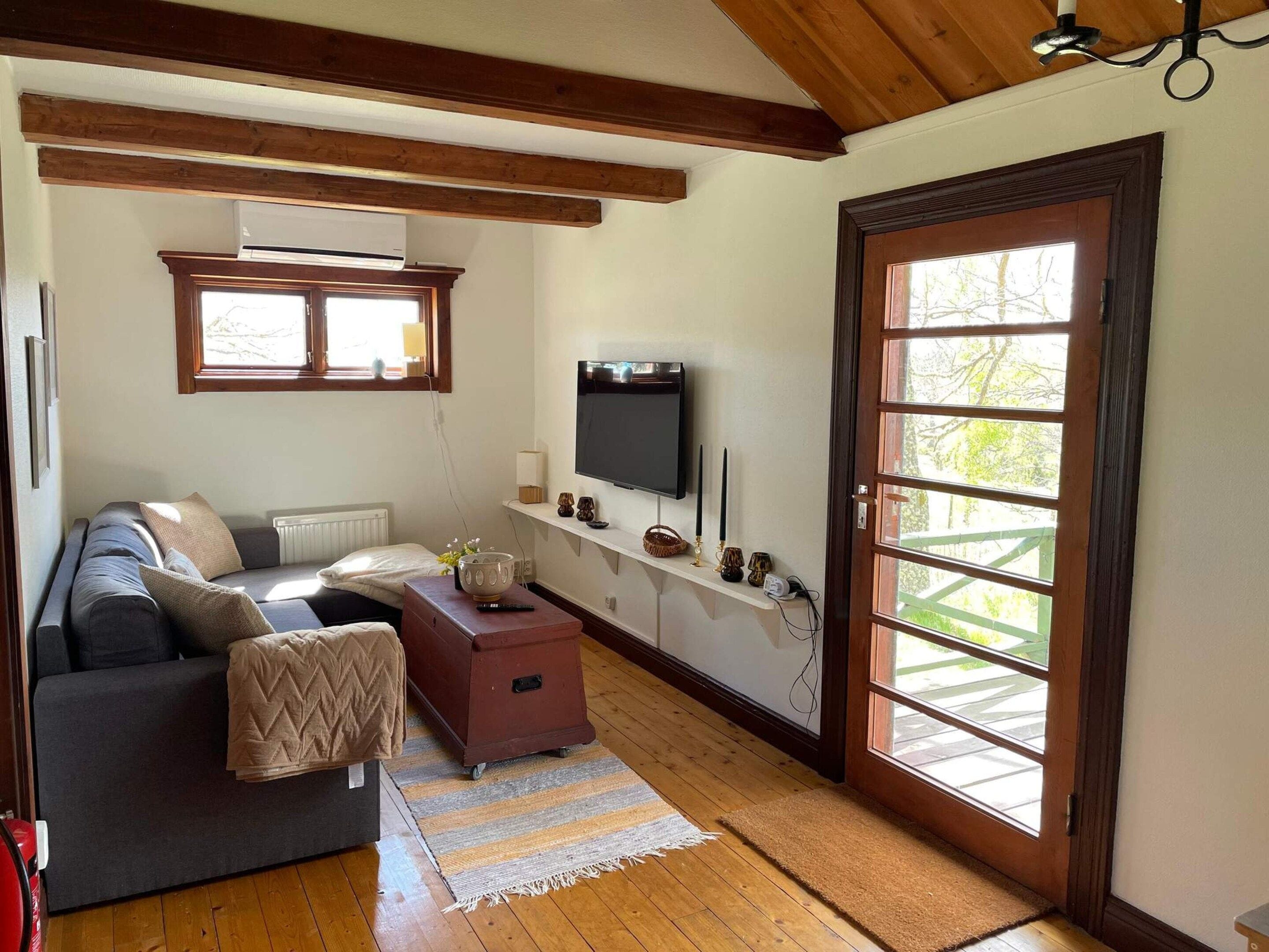 A cozy living room with a sofa, a television, a fireplace, and a large window.