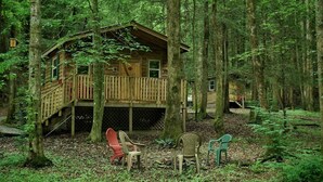 A wooden cabin with a deck, surrounded by trees in a forest.