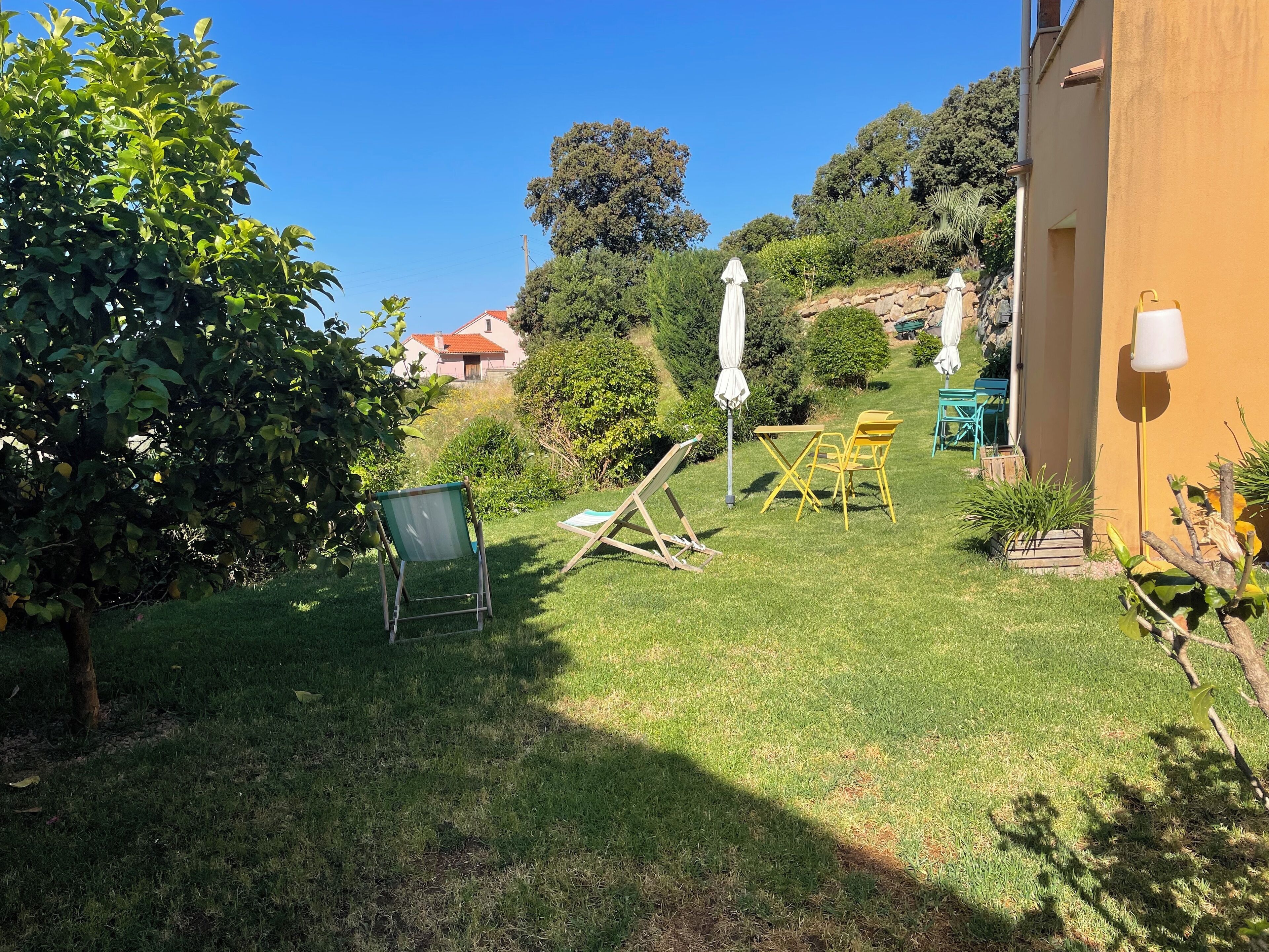 A well-maintained garden with a lawn, outdoor furniture, and a building in the background.